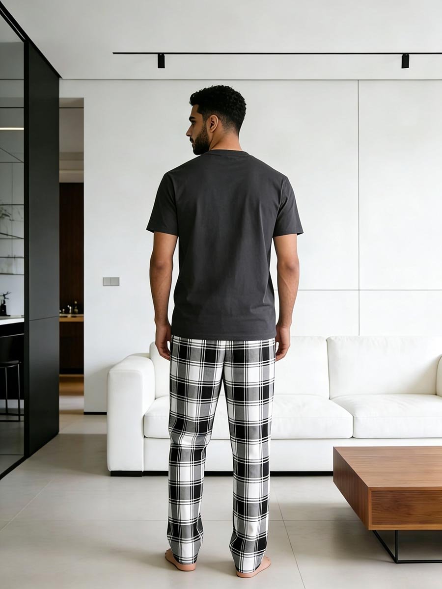 Men Charcoal T-Shirt and Plaid Pyjama Set 