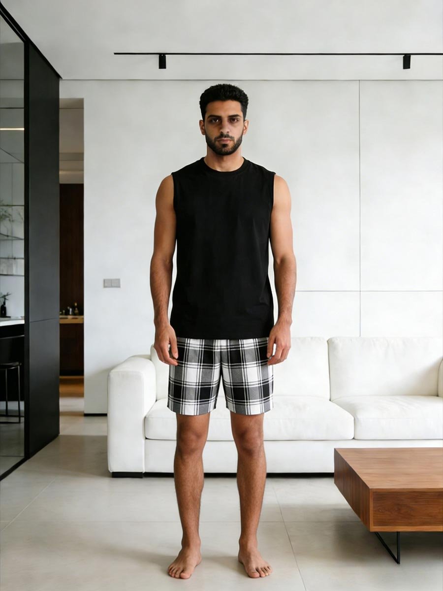 Men Black Tank and Plaid Shorts Pyjama Set