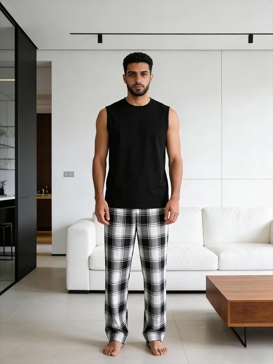 Men Solid Round Neck Tank and Checked Pants Set