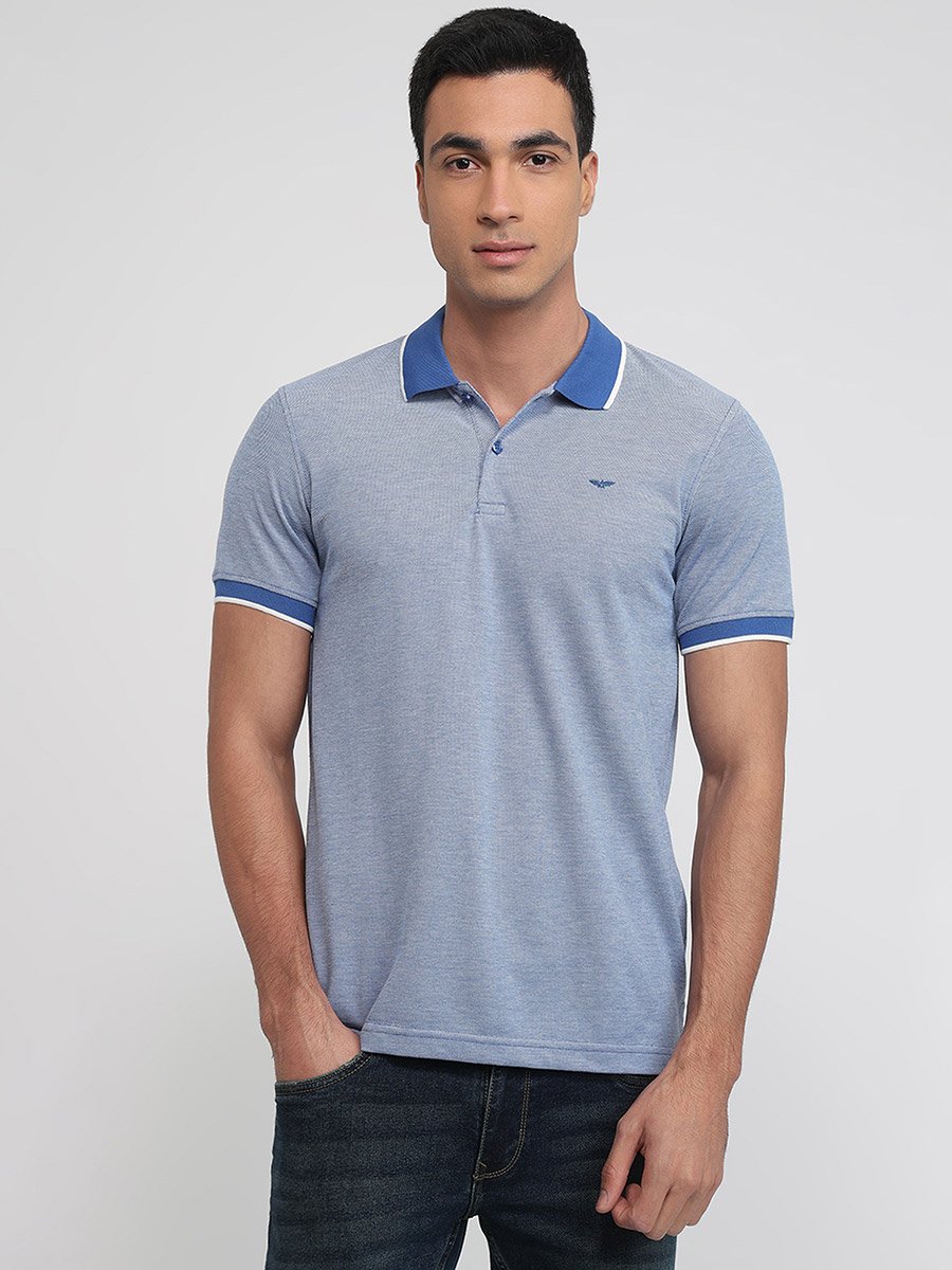 Men Blue Tipped Slim Fit Polo T-Shirt