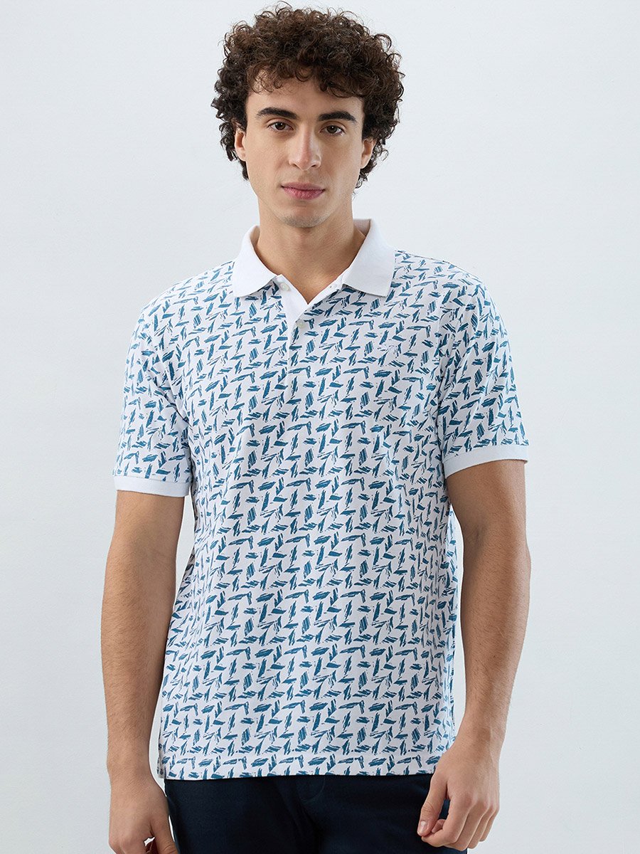 Men White Printed Slim Fit Polo T-Shirt