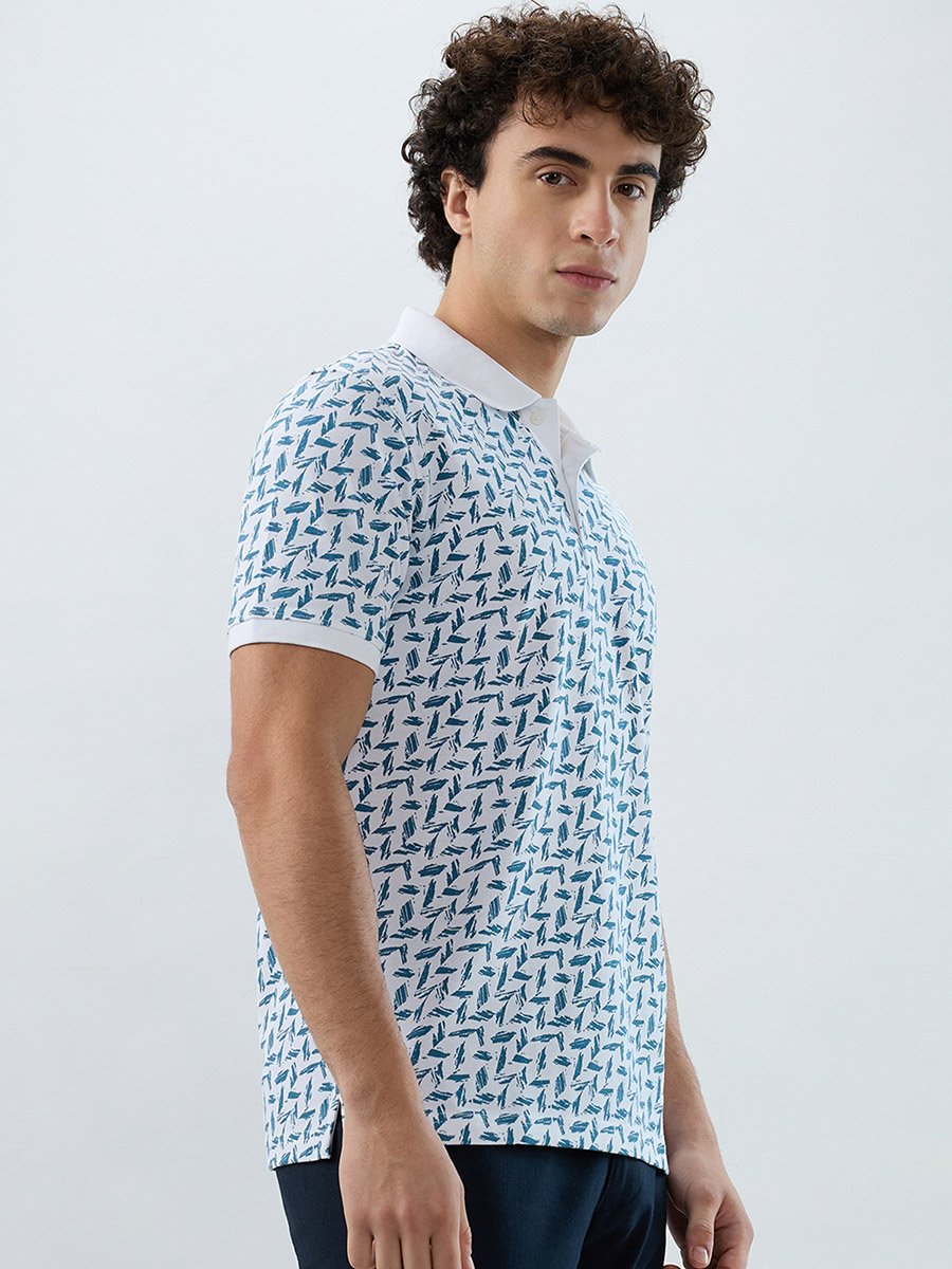 Men White Printed Slim Fit Polo T-Shirt