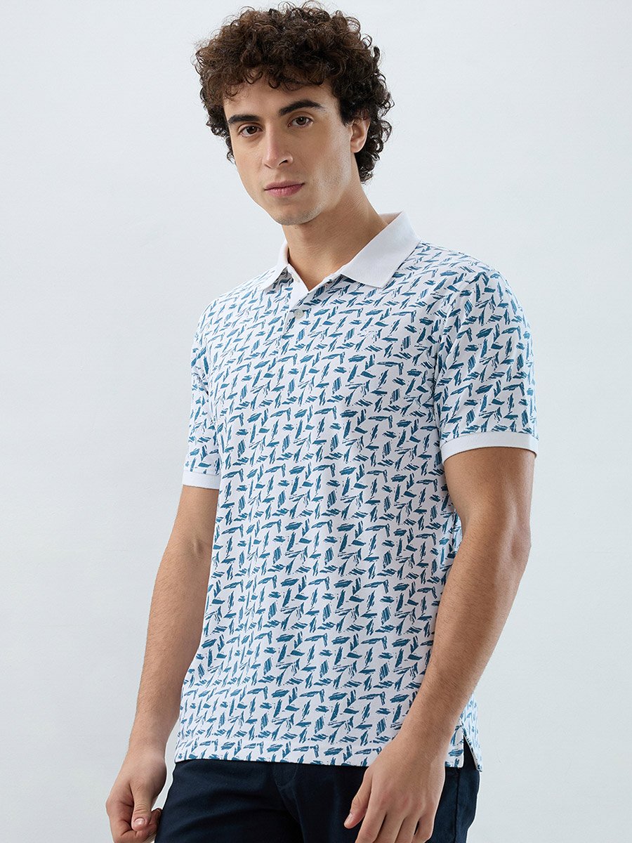 Men White Printed Slim Fit Polo T-Shirt