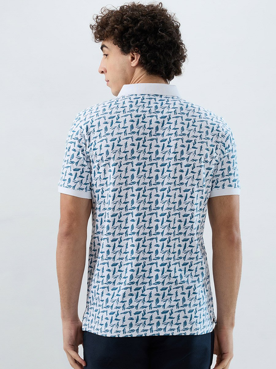 Men White Printed Slim Fit Polo T-Shirt