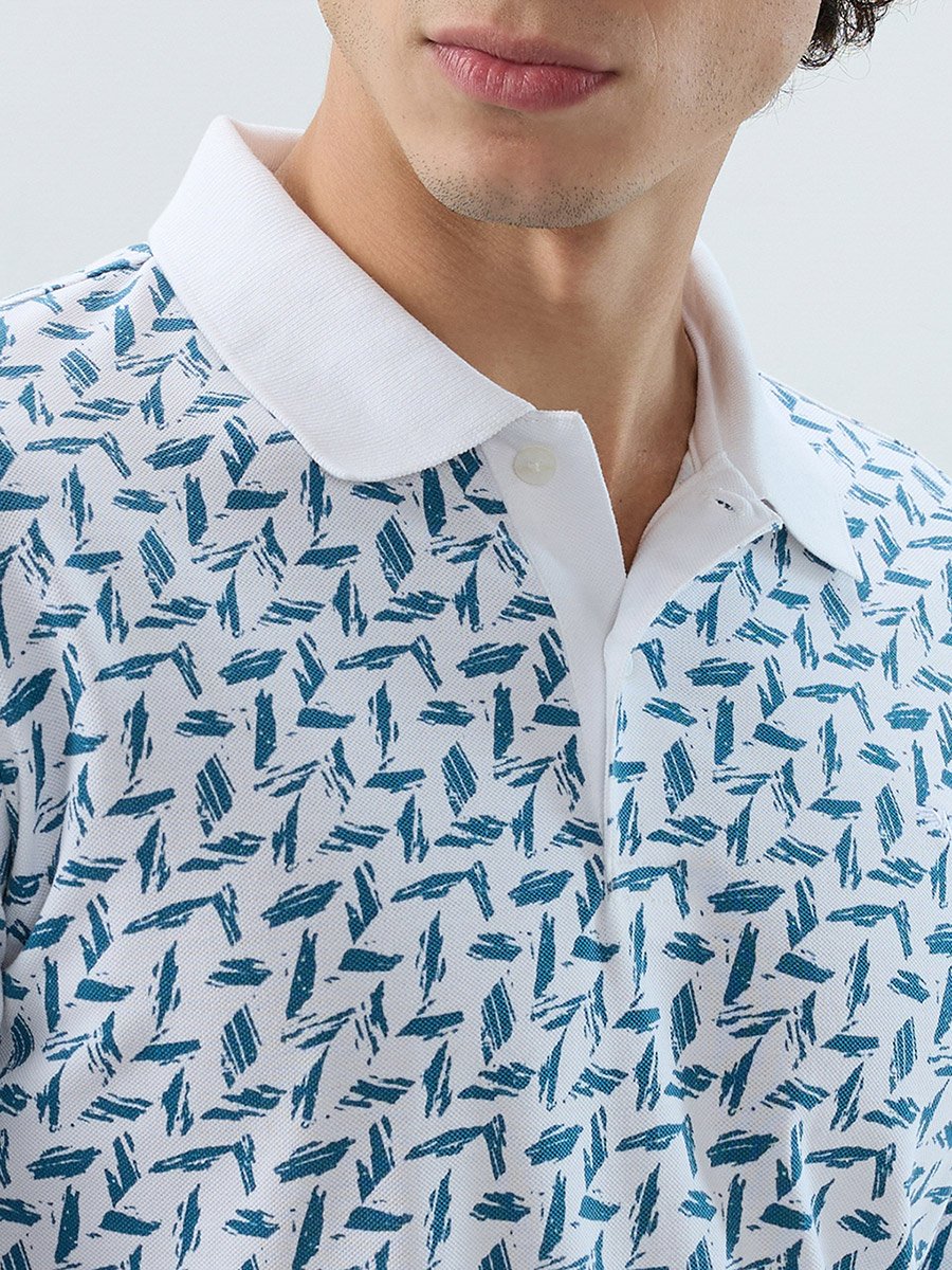 Men White Printed Slim Fit Polo T-Shirt