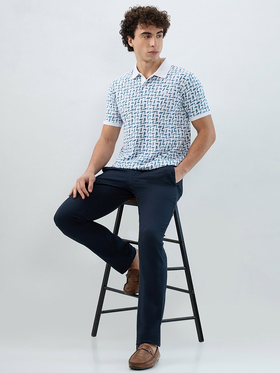 Men White Printed Slim Fit Polo T-Shirt