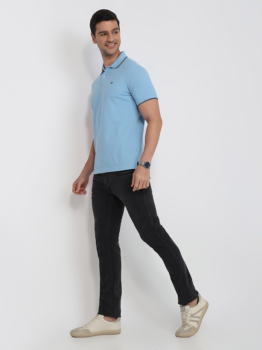 Men Blue Slim Fit Tipped Polo T-Shirt