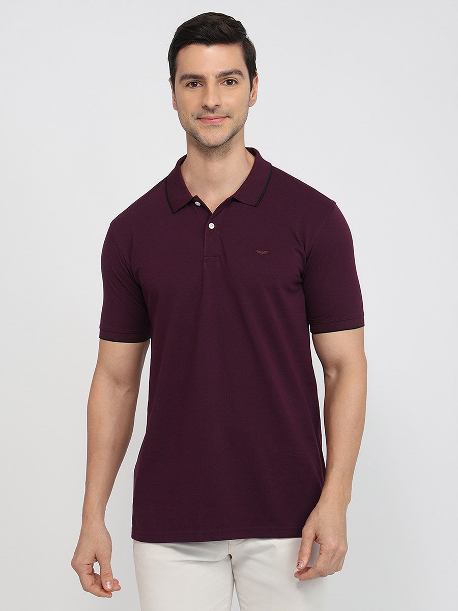 Men Burgundy Slim Fit Tipped Polo T-Shirt