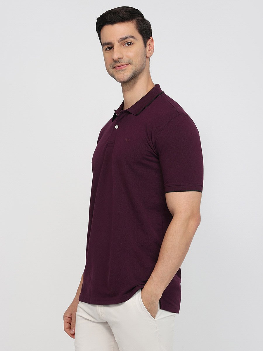 Men Burgundy Slim Fit Tipped Polo T-Shirt