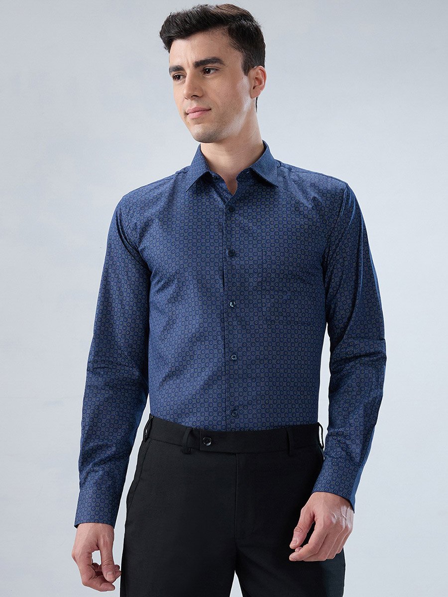 Men Blue Printed Cotton Modern Slim Fit Shirt