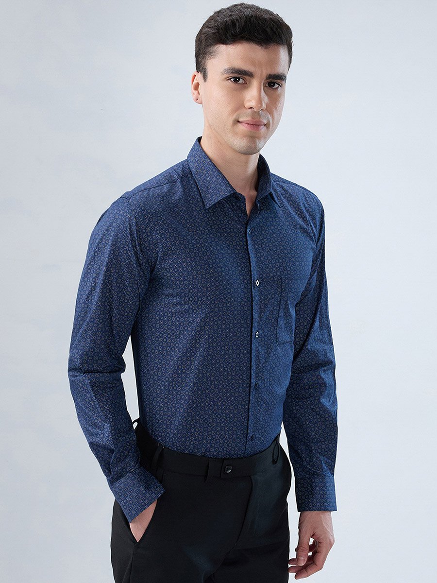 Men Blue Printed Cotton Modern Slim Fit Shirt
