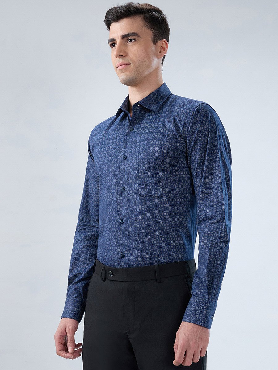 Men Blue Printed Cotton Modern Slim Fit Shirt