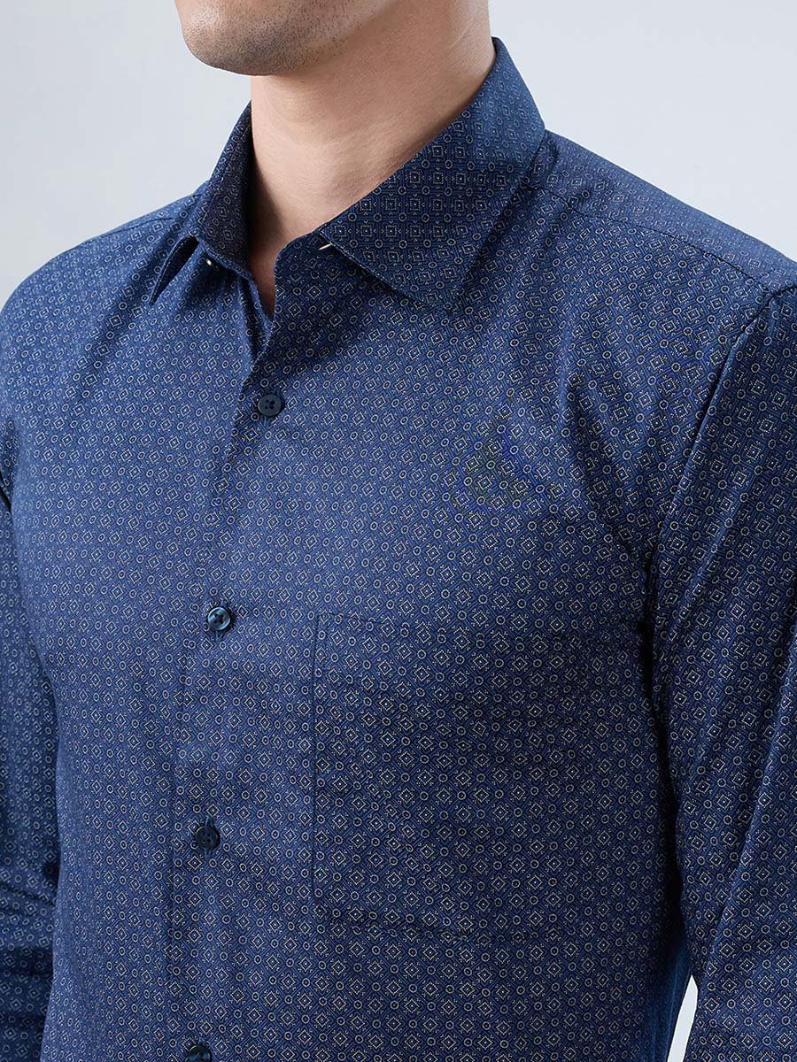 Men Blue Printed Cotton Modern Slim Fit Shirt