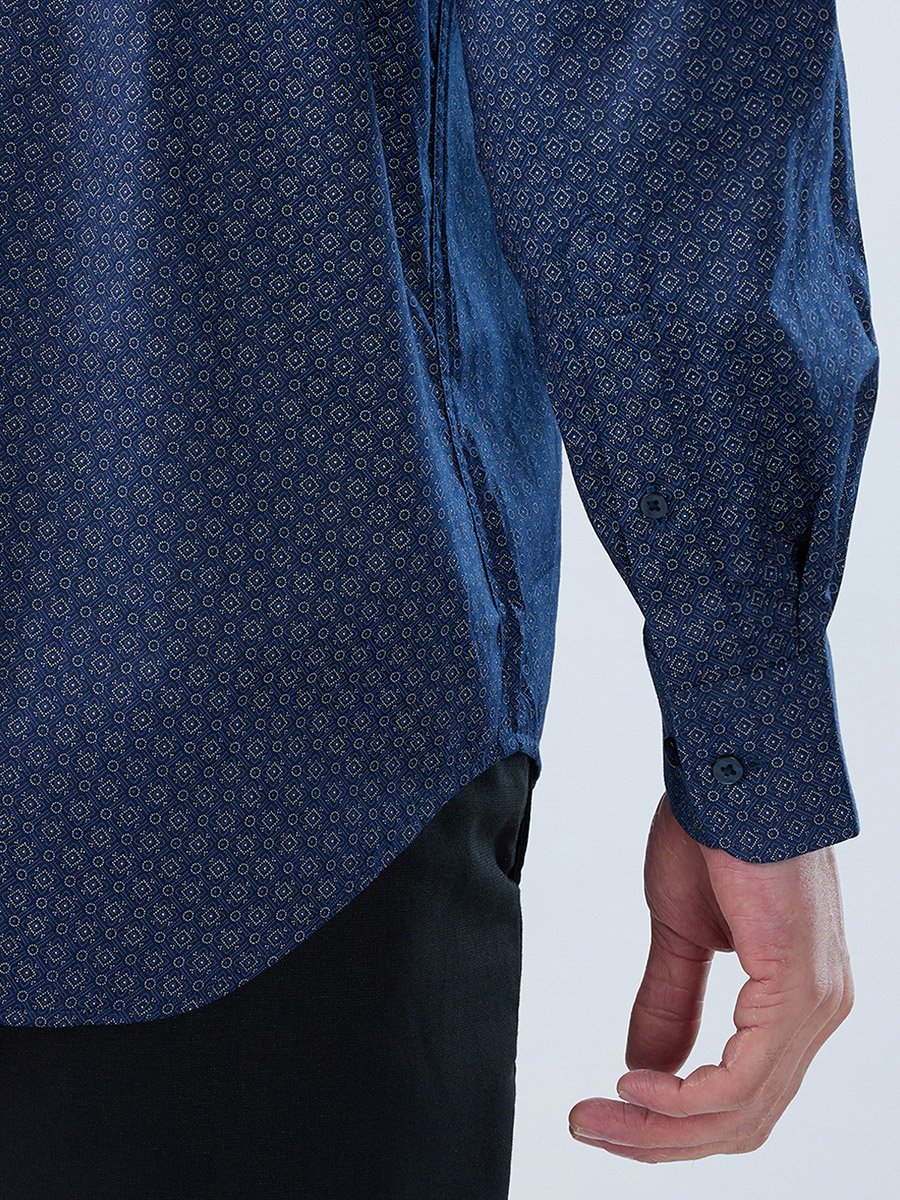 Men Blue Printed Cotton Modern Slim Fit Shirt