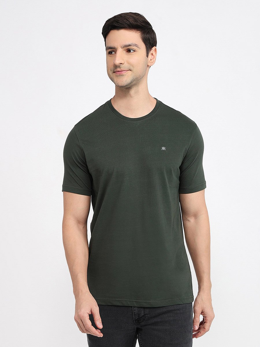 Dark Green Cotton Regular Fit Solid T-Shirt