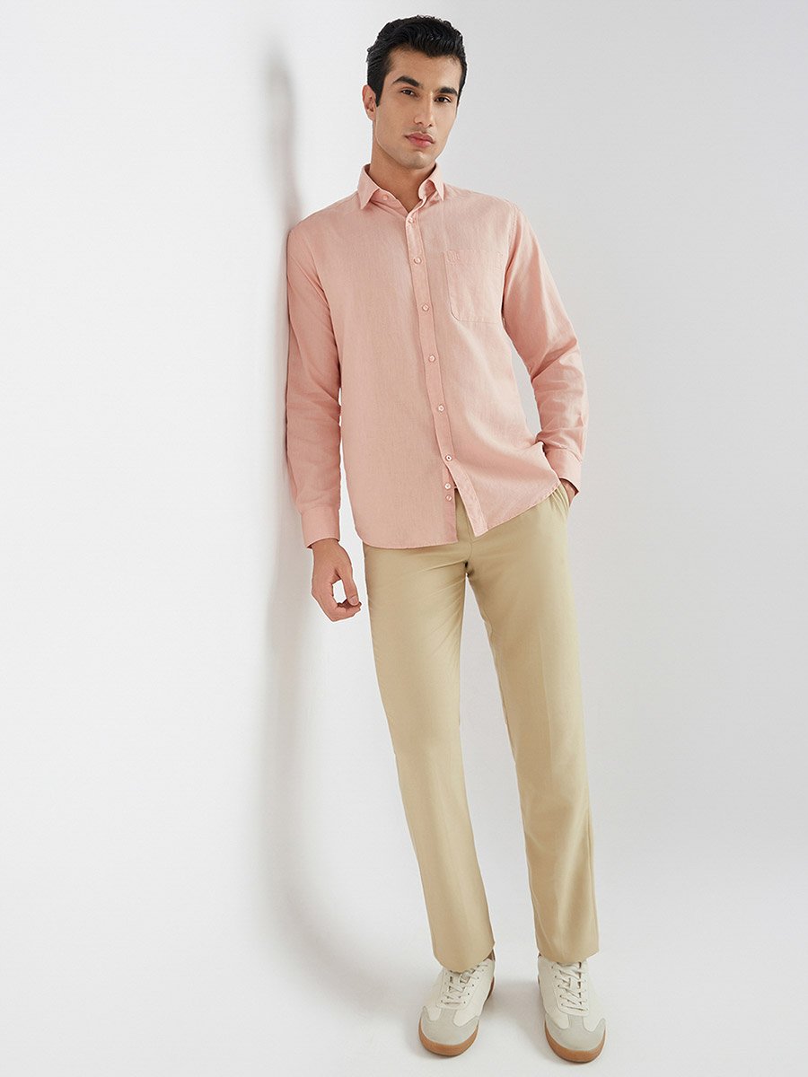 Men Peach Solid Long Sleeves Slim Fit Shirt