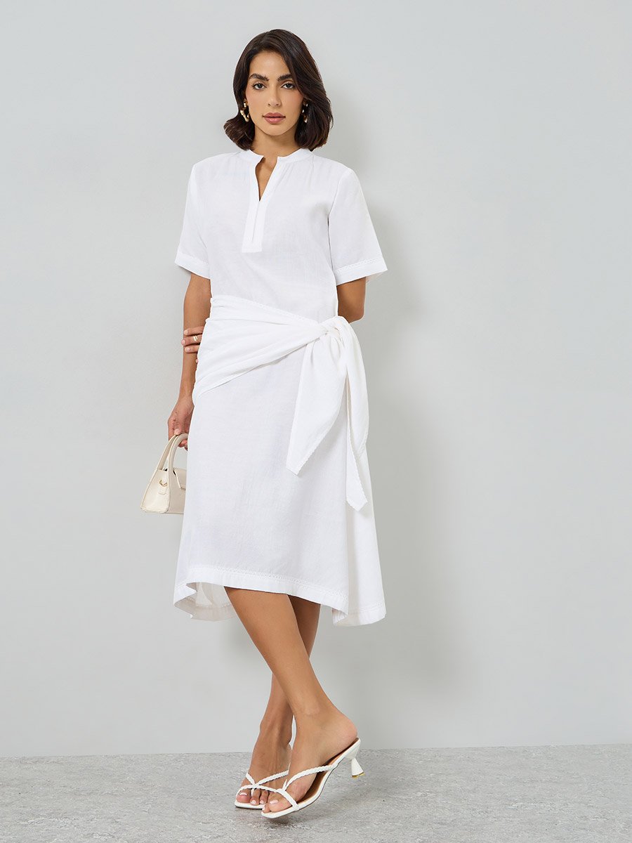 Off White Wrap Tie-Waist Detail Midi Dress