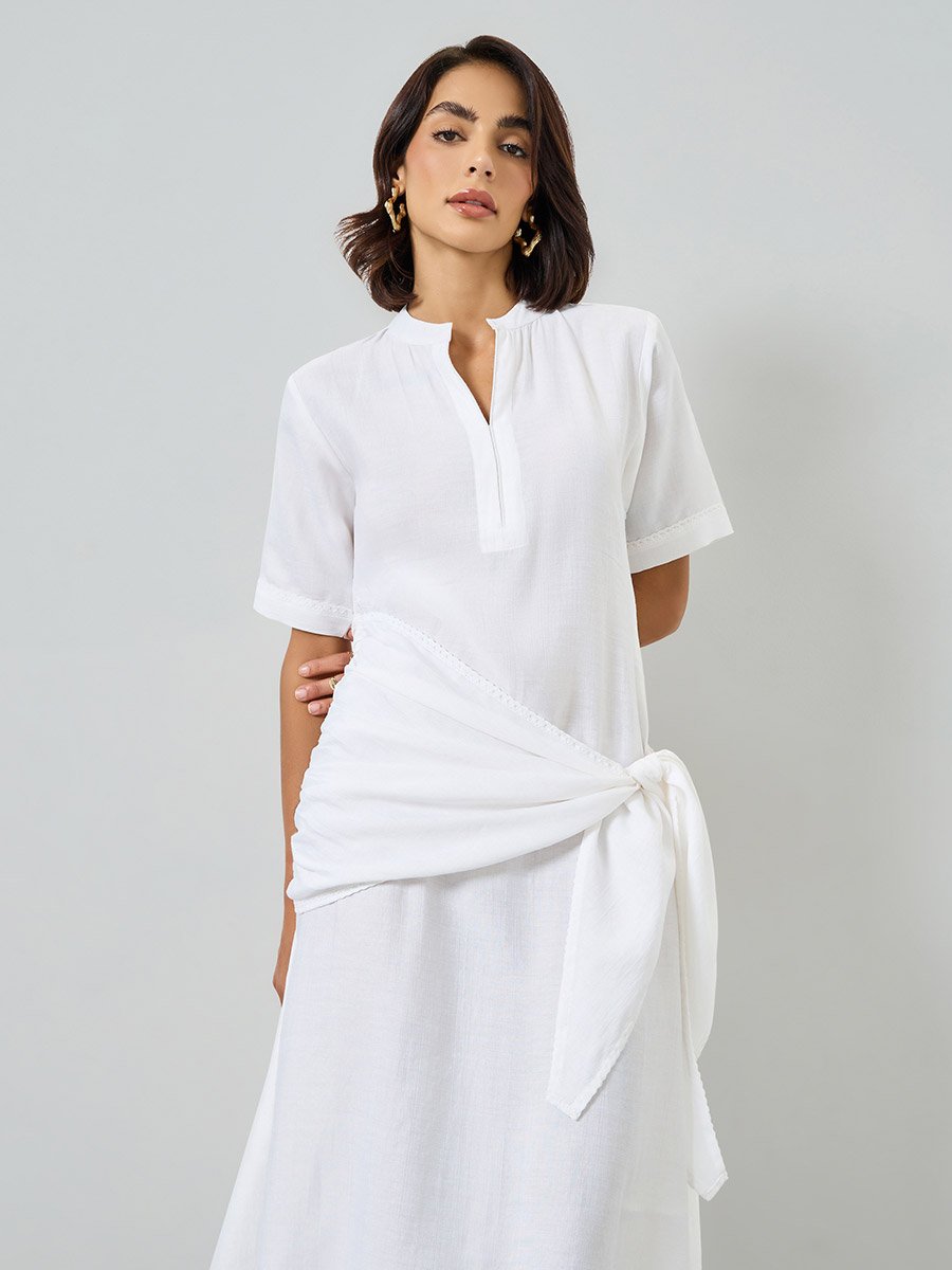Off White Wrap Tie-Waist Detail Midi Dress