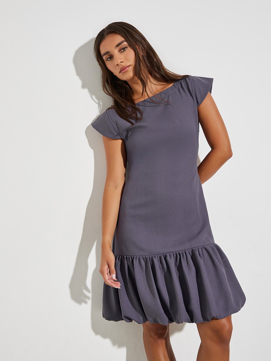 Purple Short Sleeve Balloon Hem Knee Length Dress