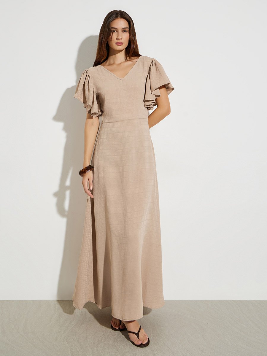 Beige Textured Maxi Dress with Frill Sleeves