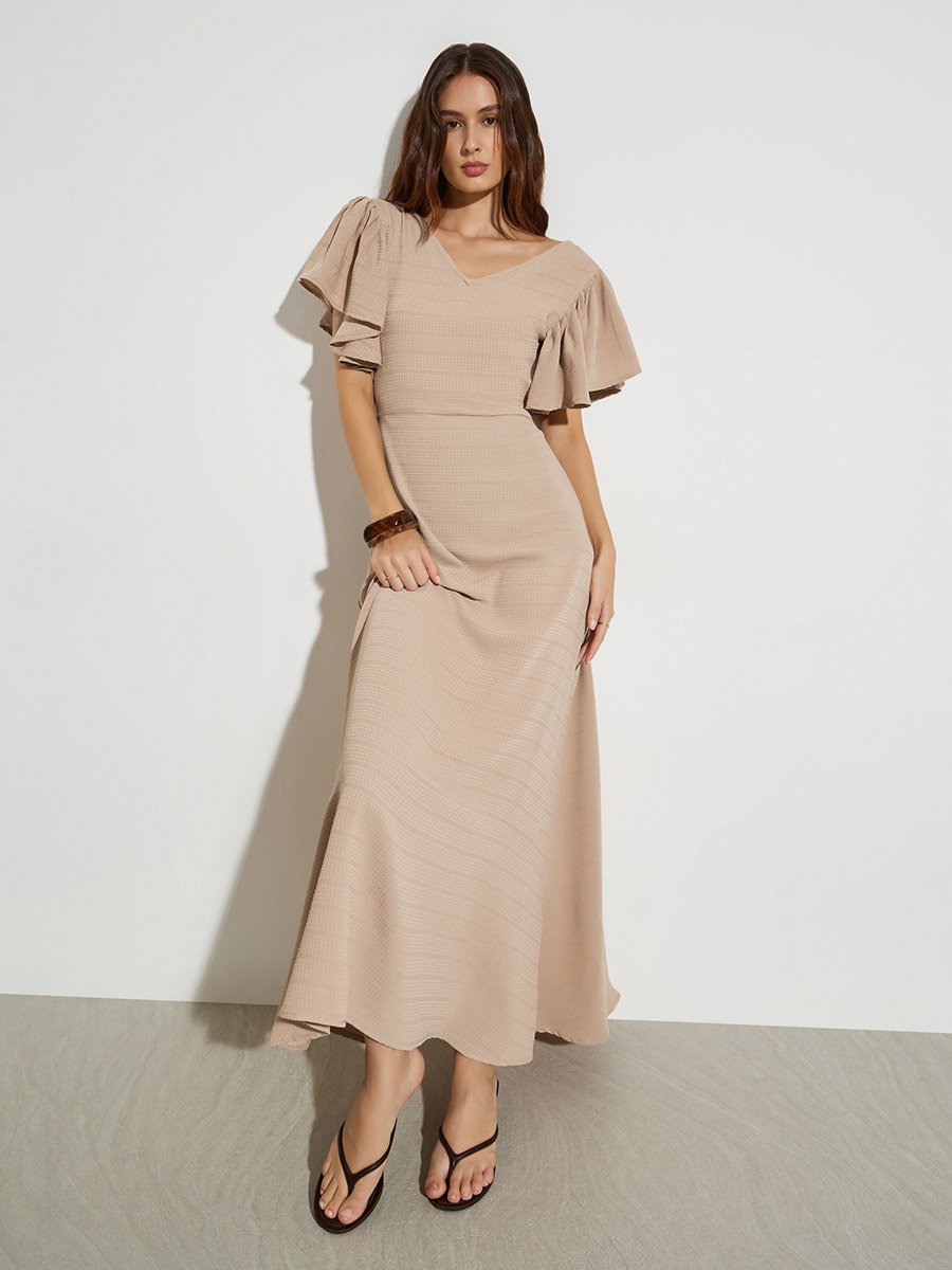 Beige Textured Maxi Dress with Frill Sleeves