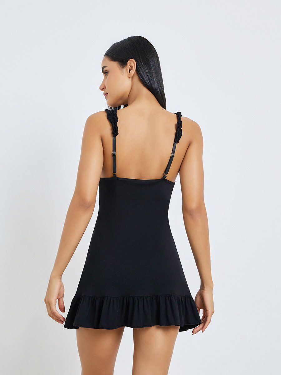 Black Lace Panel Babydoll with Ruched Detail Strap