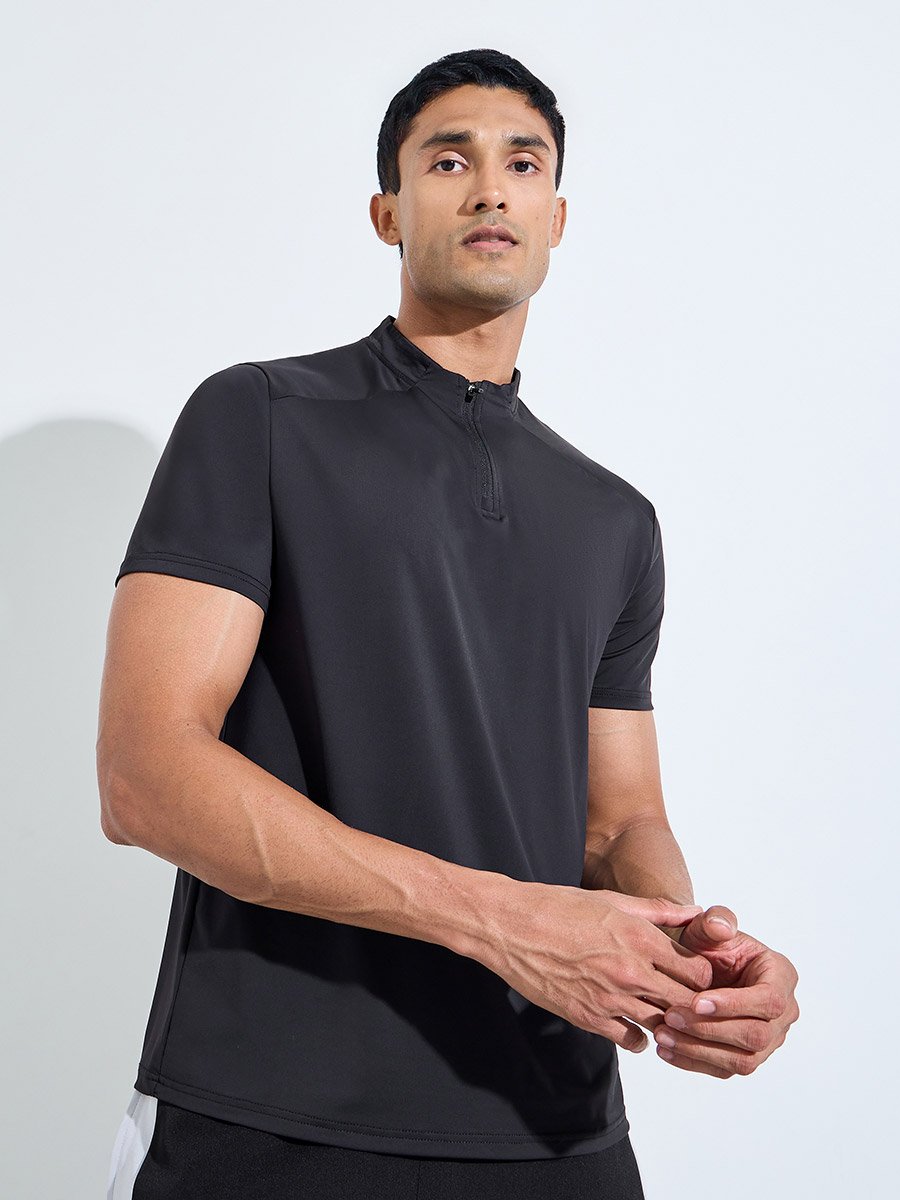 Men Black Quarter Zip Short Sleeve T-Shirt