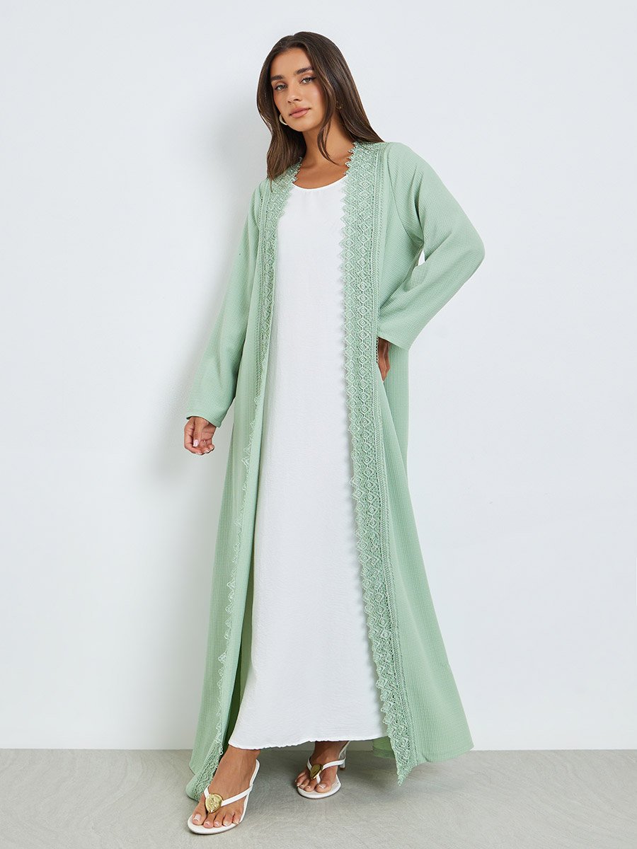 Green Front Open Abaya with Lace Trim
