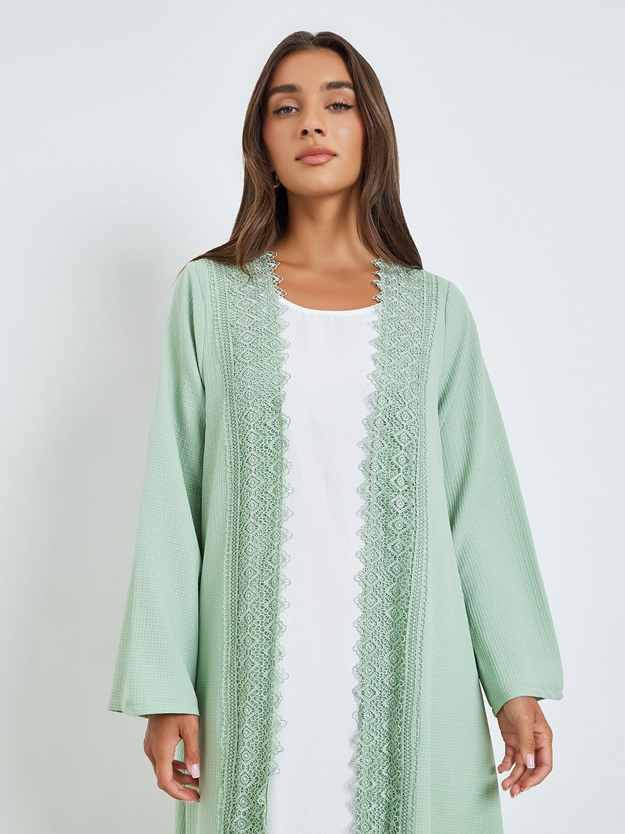 Green Front Open Abaya with Lace Trim