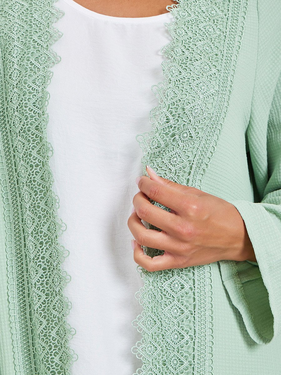 Green Front Open Abaya with Lace Trim