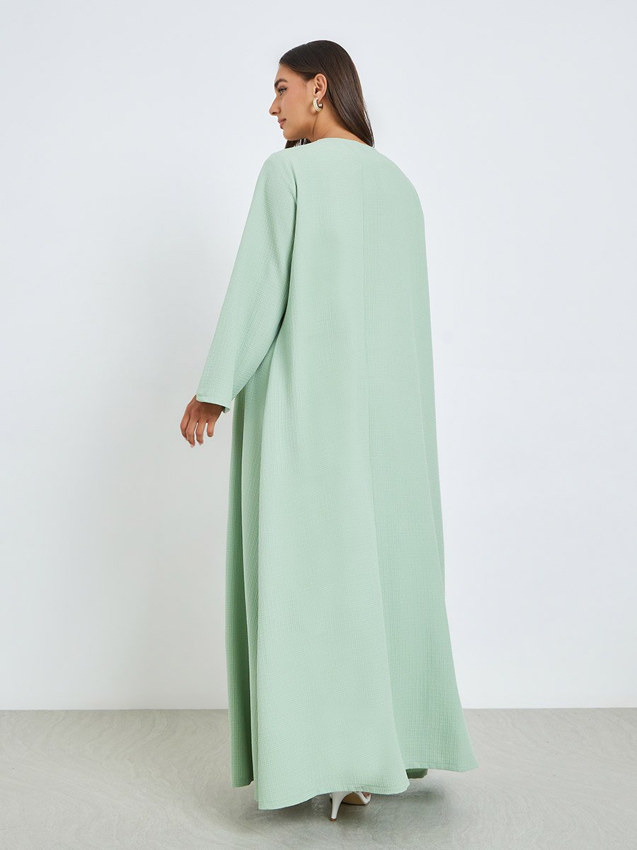 Green Front Open Abaya with Lace Trim