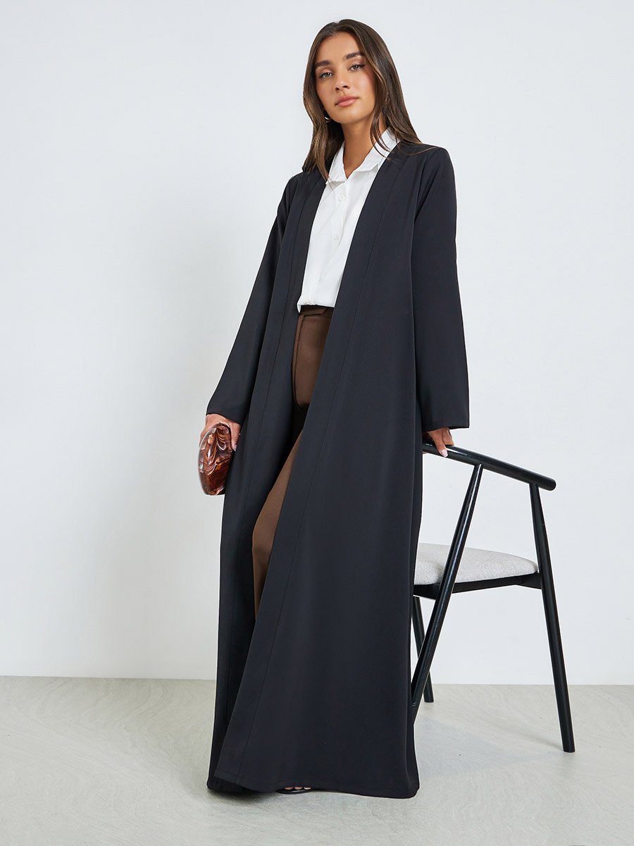 Black Solid Front Open Abaya