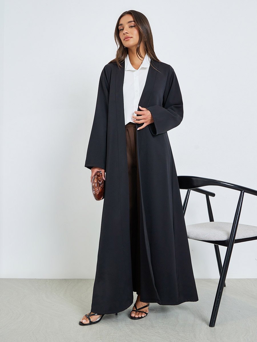 Black Solid Front Open Abaya