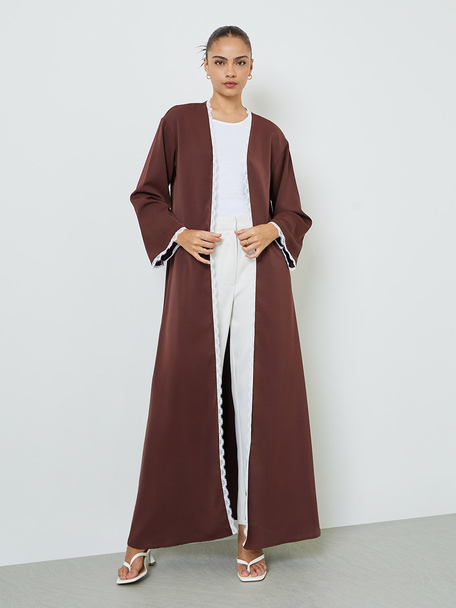 Brown Front Open Abaya with Lace Trim