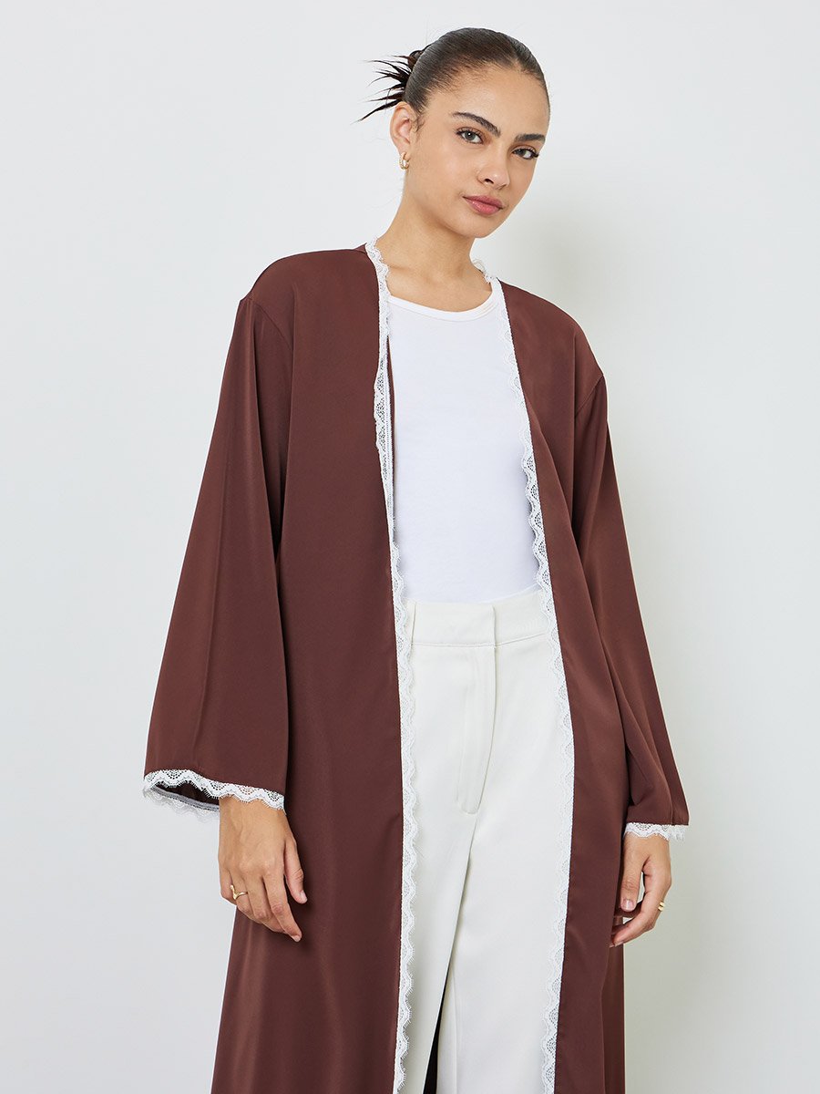 Brown Front Open Abaya with Lace Trim