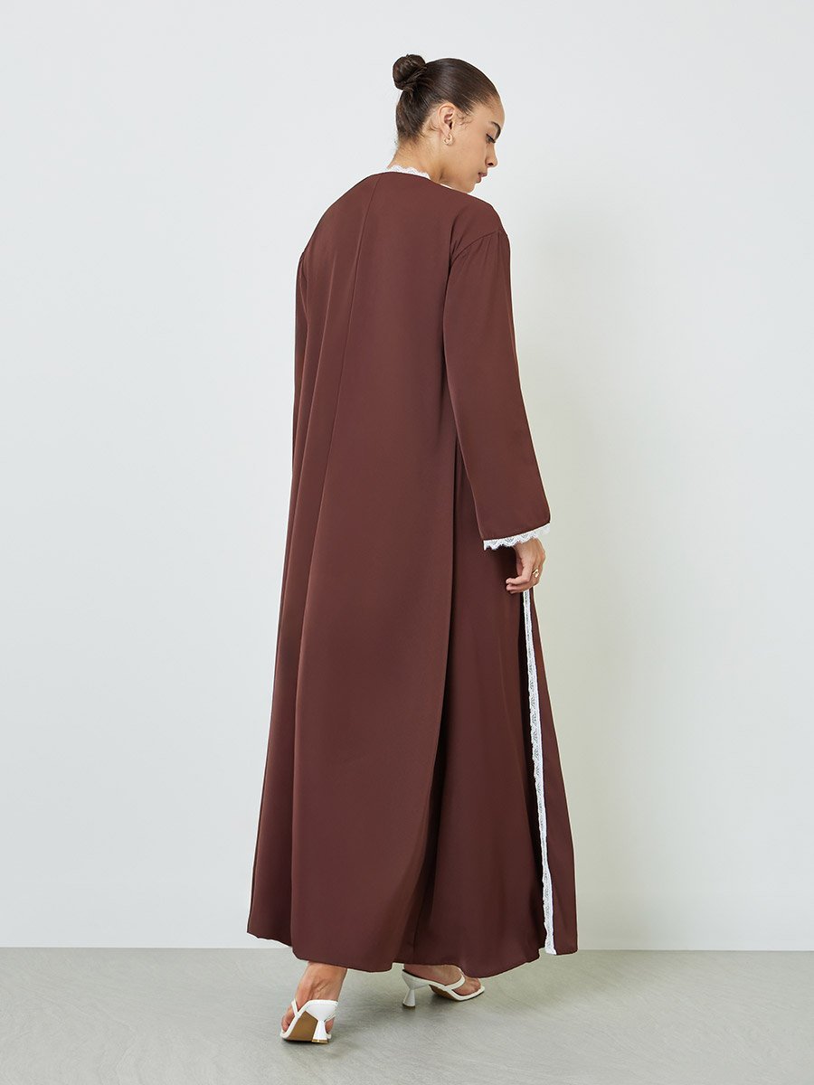 Brown Front Open Abaya with Lace Trim