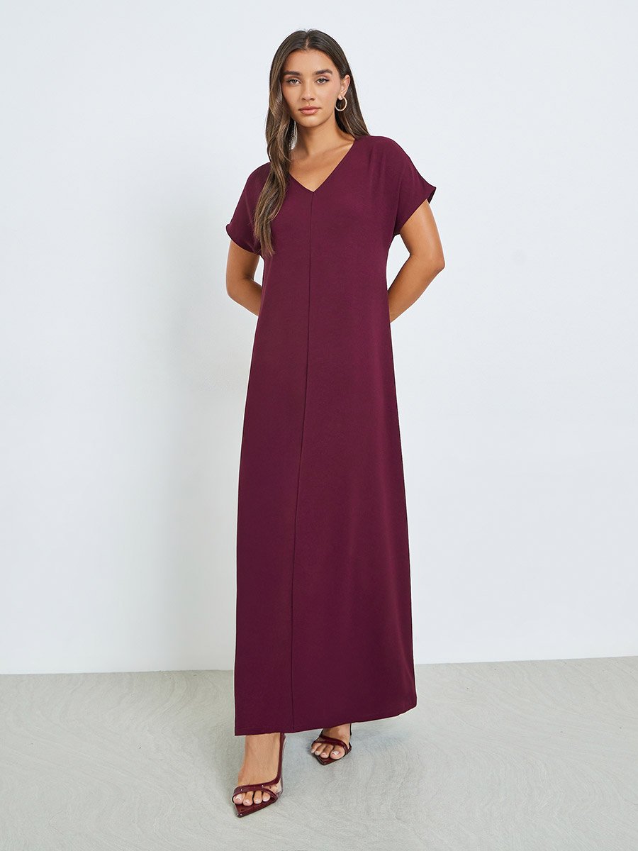 Burgundy V Neck Under Abaya Dress