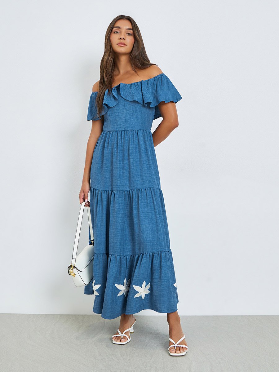 Blue Off-Shoulder Tiered Maxi Dress