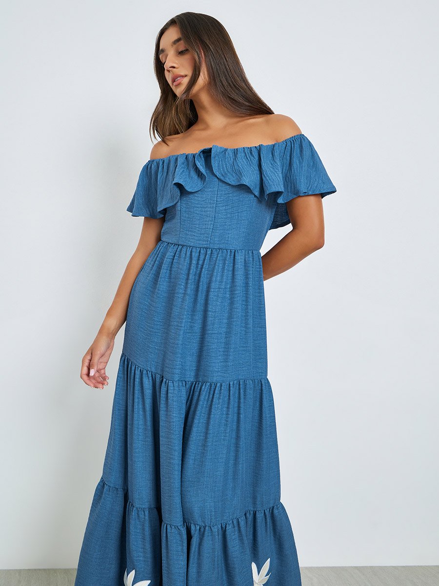 Blue Off-Shoulder Tiered Maxi Dress