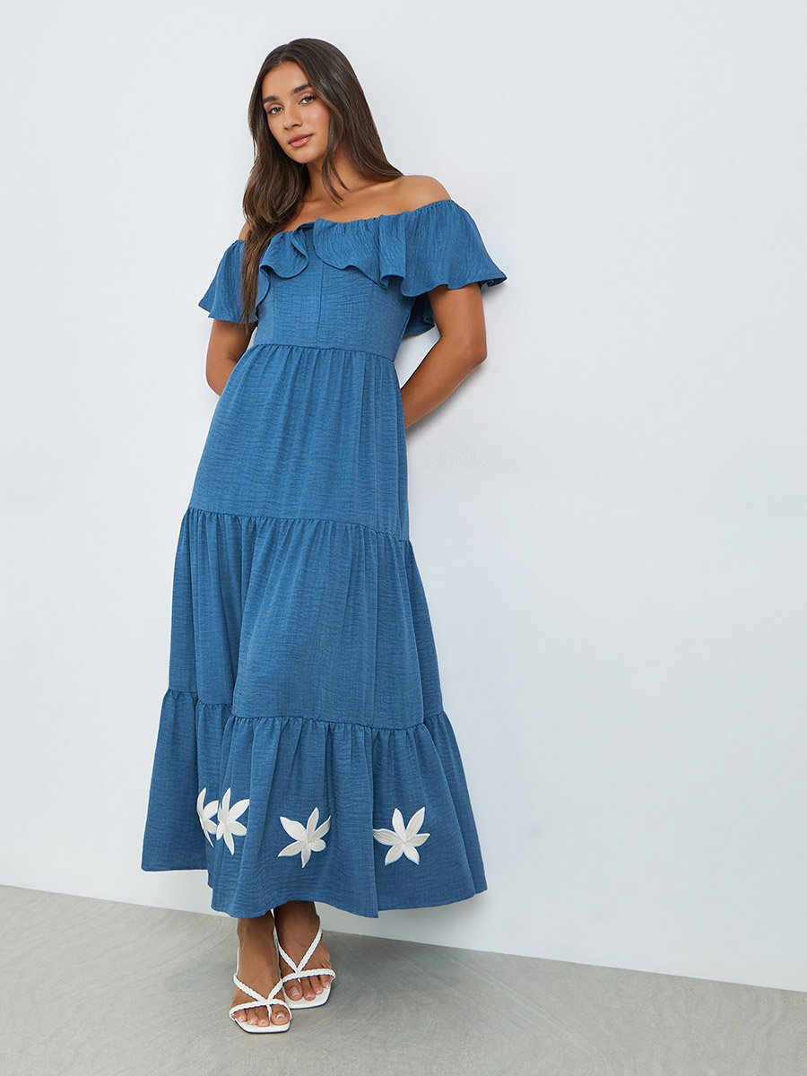 Blue Off-Shoulder Tiered Maxi Dress