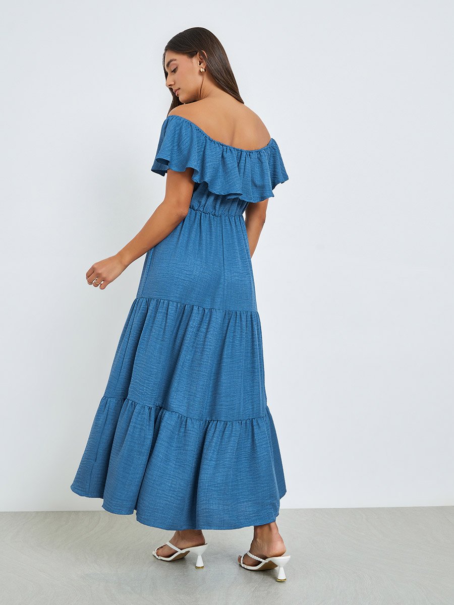 Blue Off-Shoulder Tiered Maxi Dress