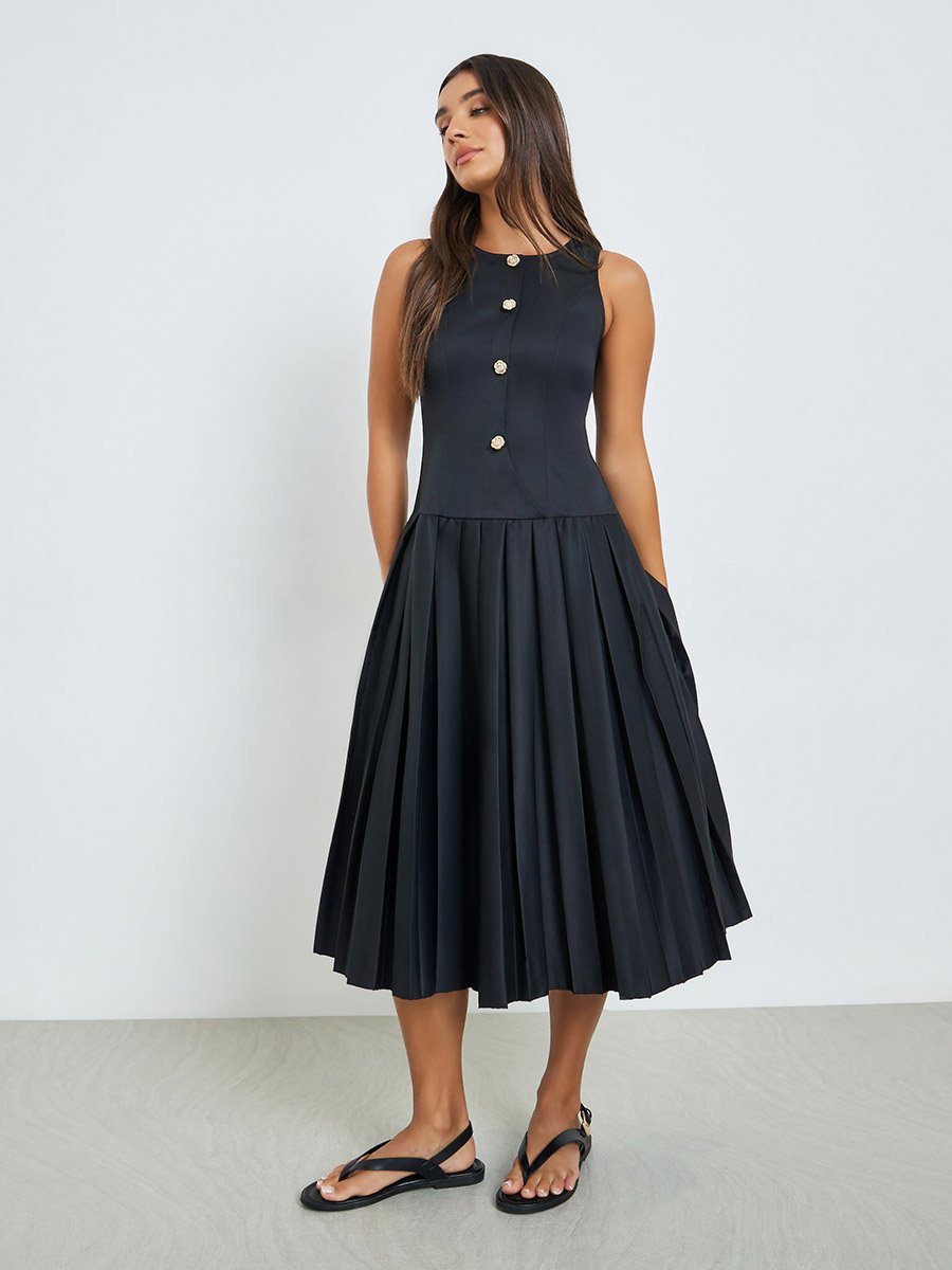 Black Pleated A-Line Midi Dress