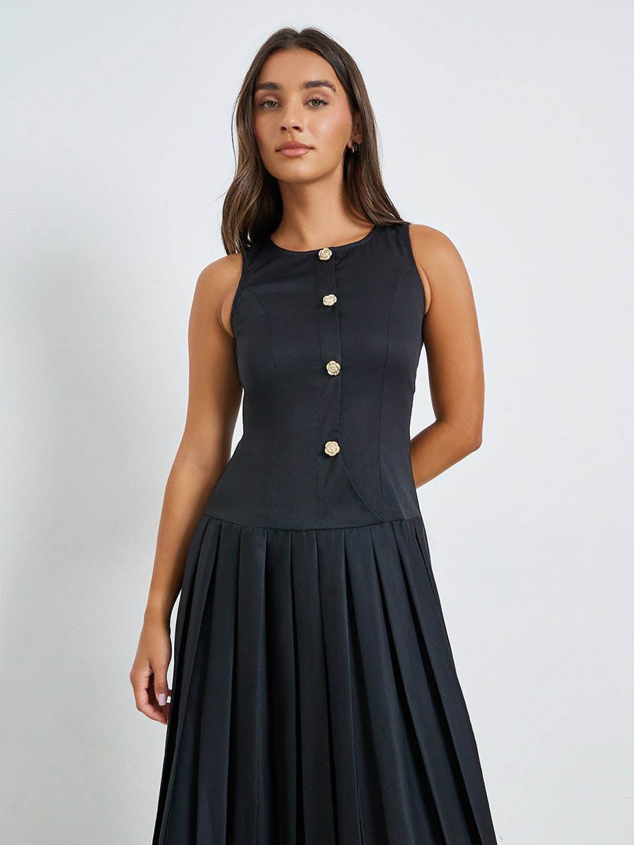 Black Pleated A-Line Midi Dress