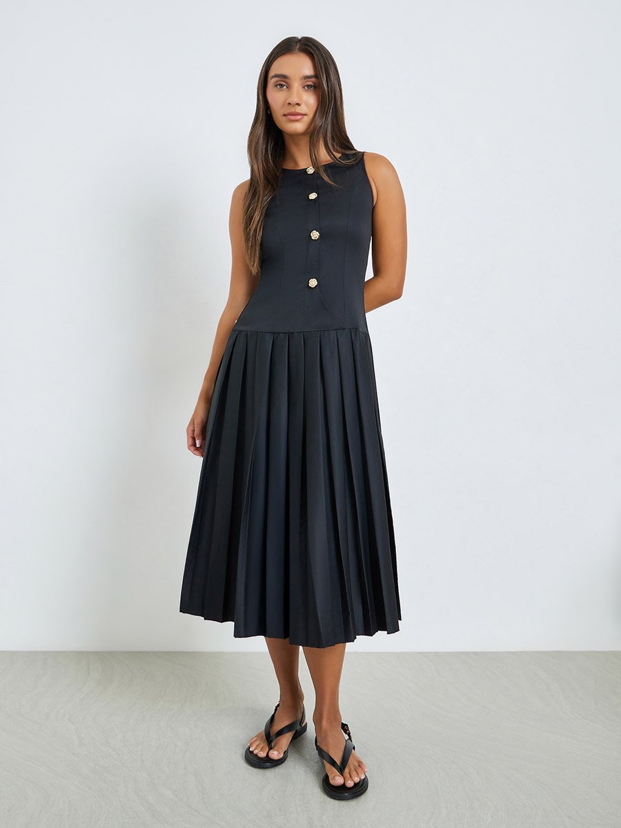 Black Pleated A-Line Midi Dress