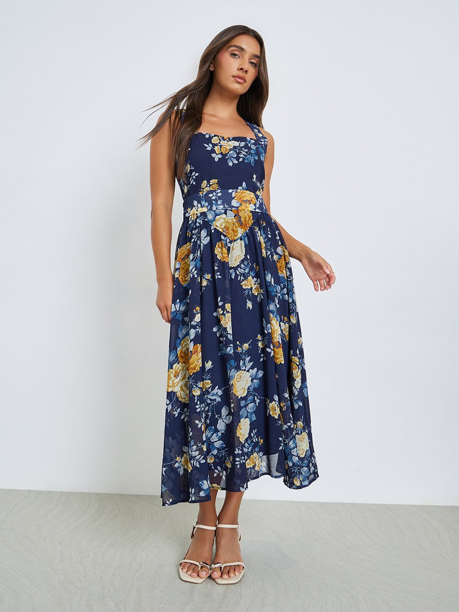 Navy Blue Floral Sleeveless A-Line Midi Dress