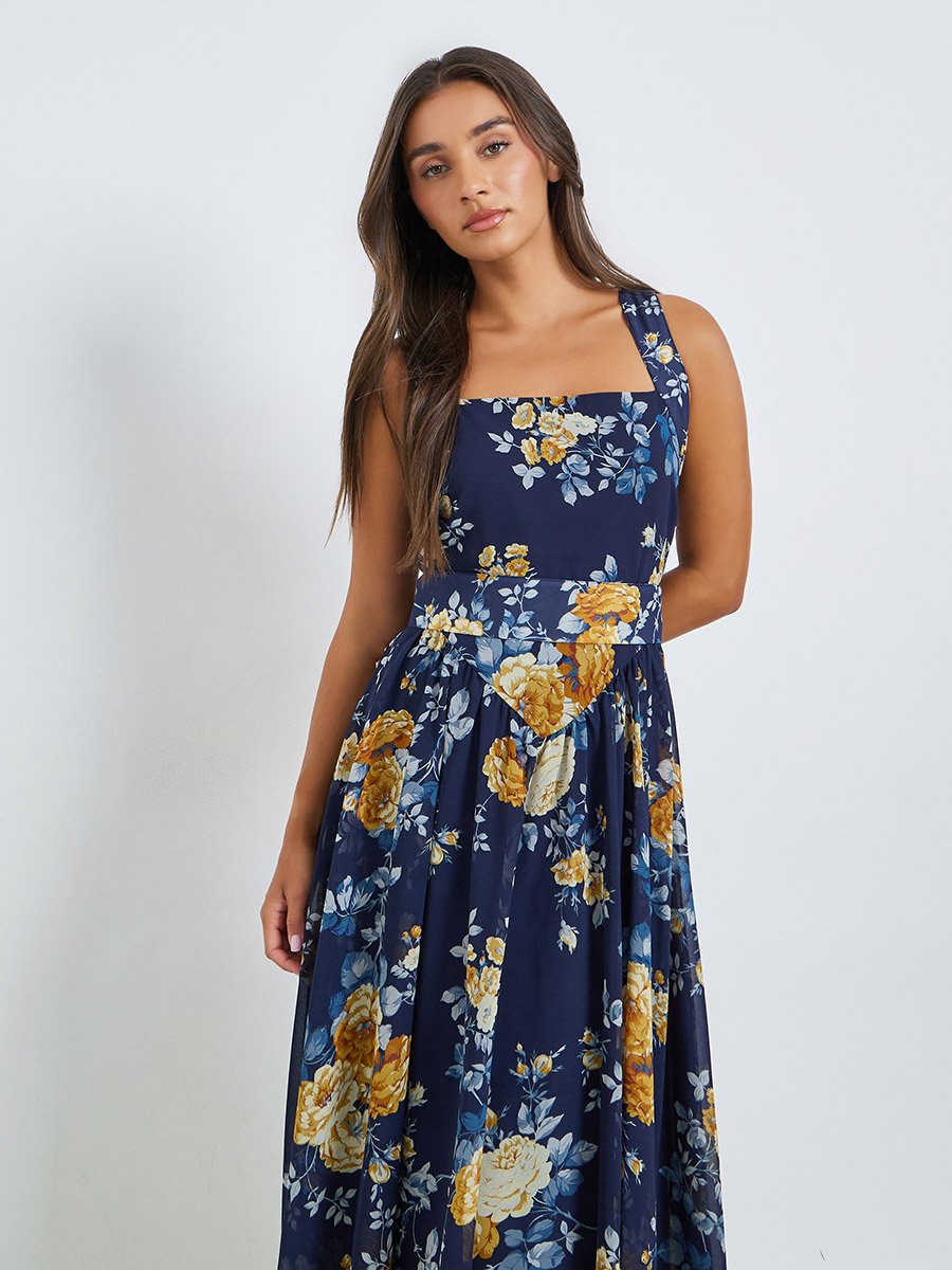 Navy Blue Floral Sleeveless A-Line Midi Dress