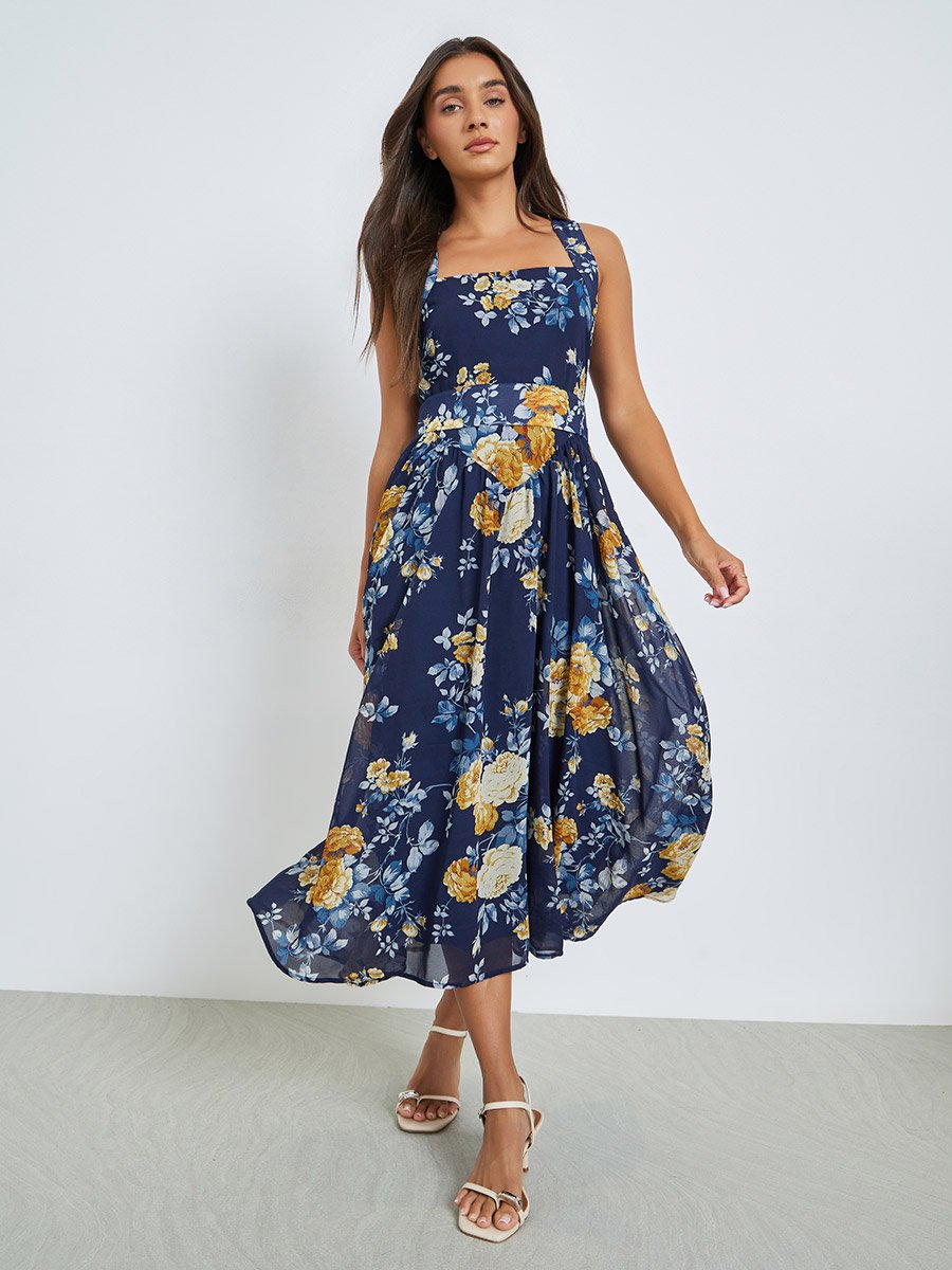 Navy Blue Floral Sleeveless A-Line Midi Dress