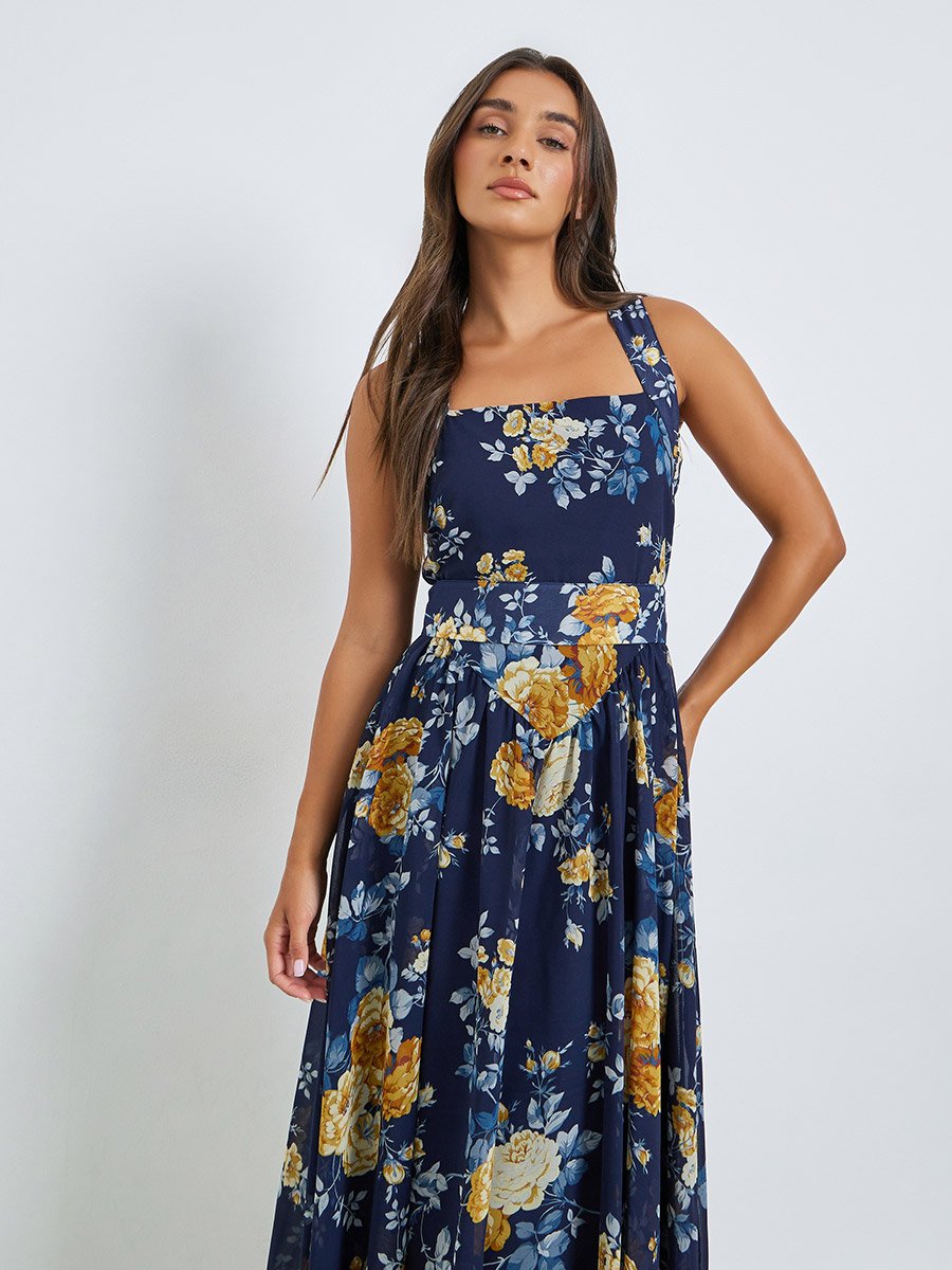 Navy Blue Floral Sleeveless A-Line Midi Dress