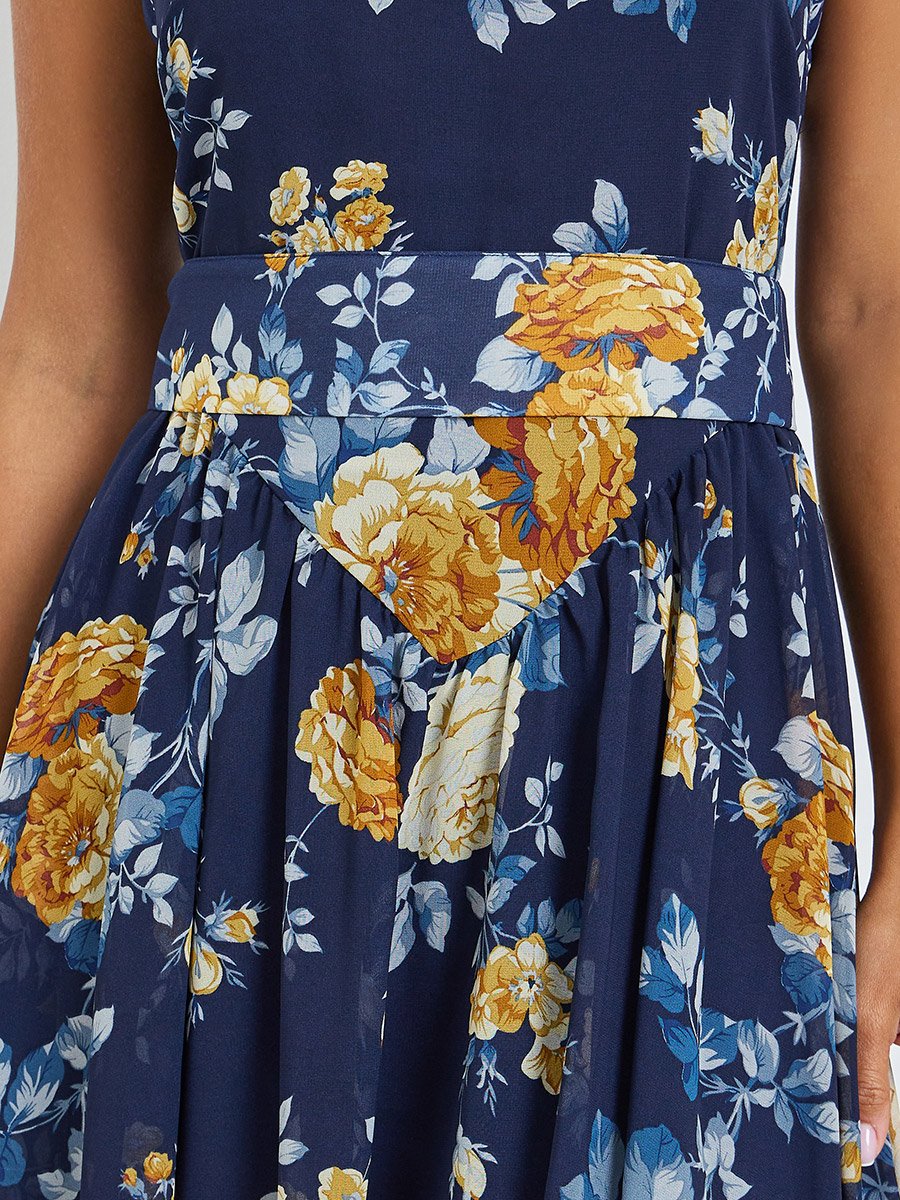 Navy Blue Floral Sleeveless A-Line Midi Dress