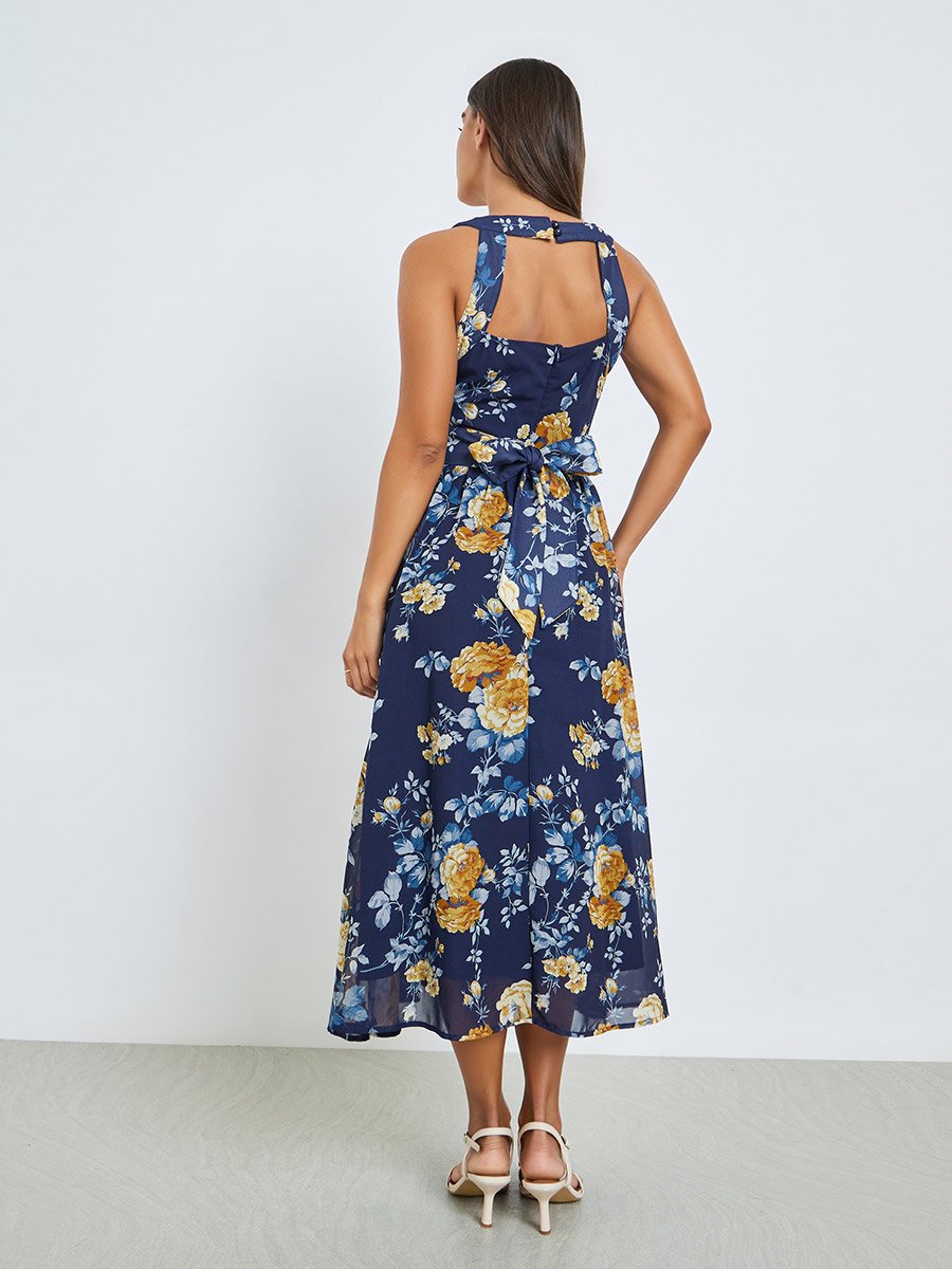 Navy Blue Floral Sleeveless A-Line Midi Dress